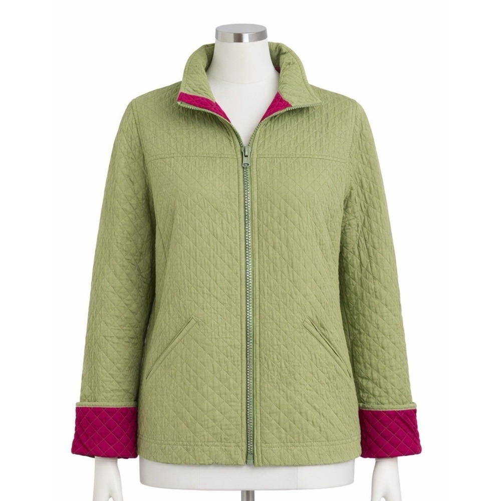 Quacker Factory Silk Jacket Womens M Green Quilted Festive Bling Lightweight